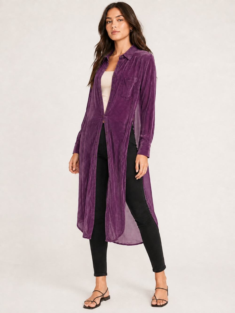 Akemi Kin Purple Velvet Burnout Button Down Tunic Women XS Oversized Sheer Boho